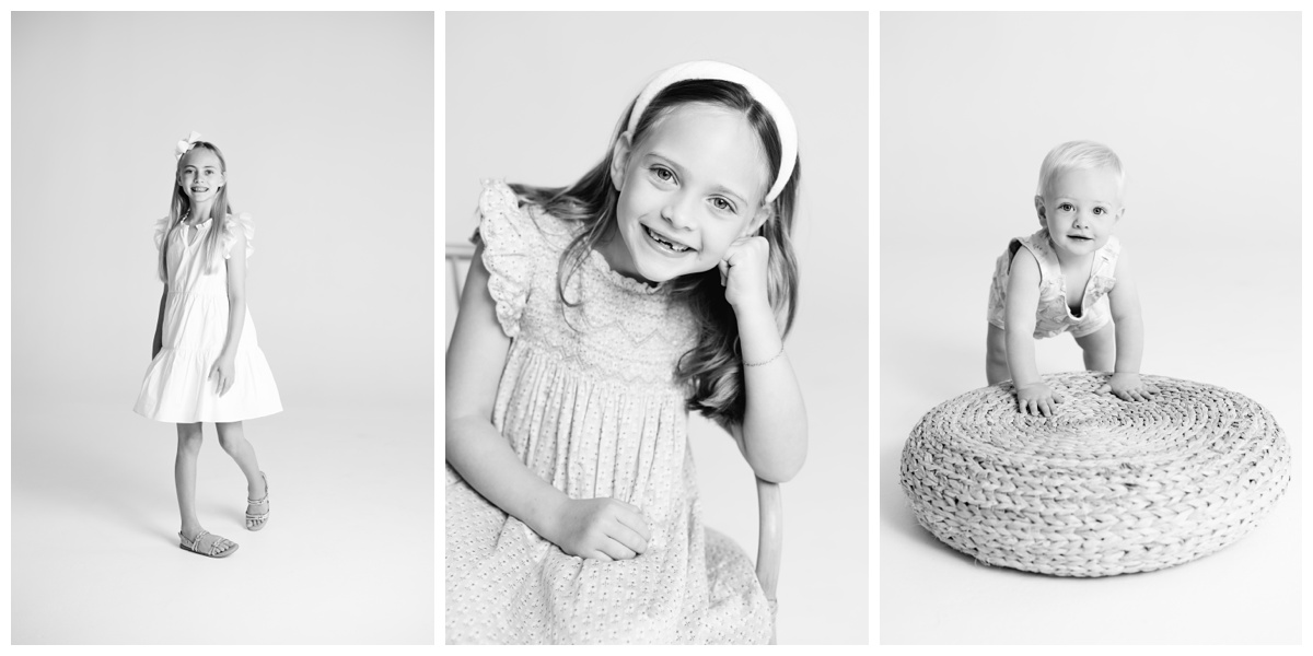 A set of three black and white portraits showing individual moments of each child—walking, smiling, and crawling—during a classic family photos Tulsa session.