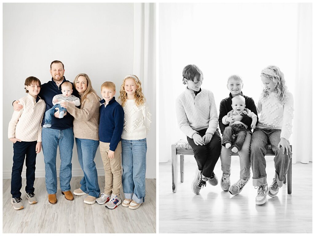 Four siblings photographed together along with a natural family moment during their studio session in Tulsa.
