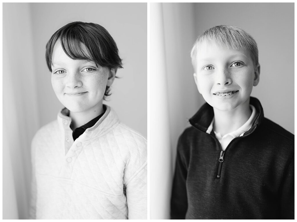 Individual black-and-white portraits of two brothers photographed as part of their family session.