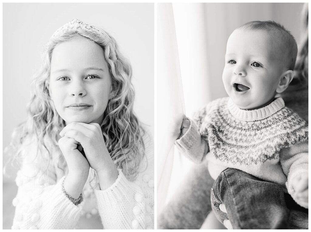 Simple black-and-white portraits of a daughter and baby capturing their personalities at this season of childhood.