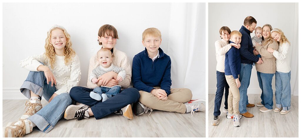 A timeless family portrait of parents and their four children photographed in a bright Tulsa studio.