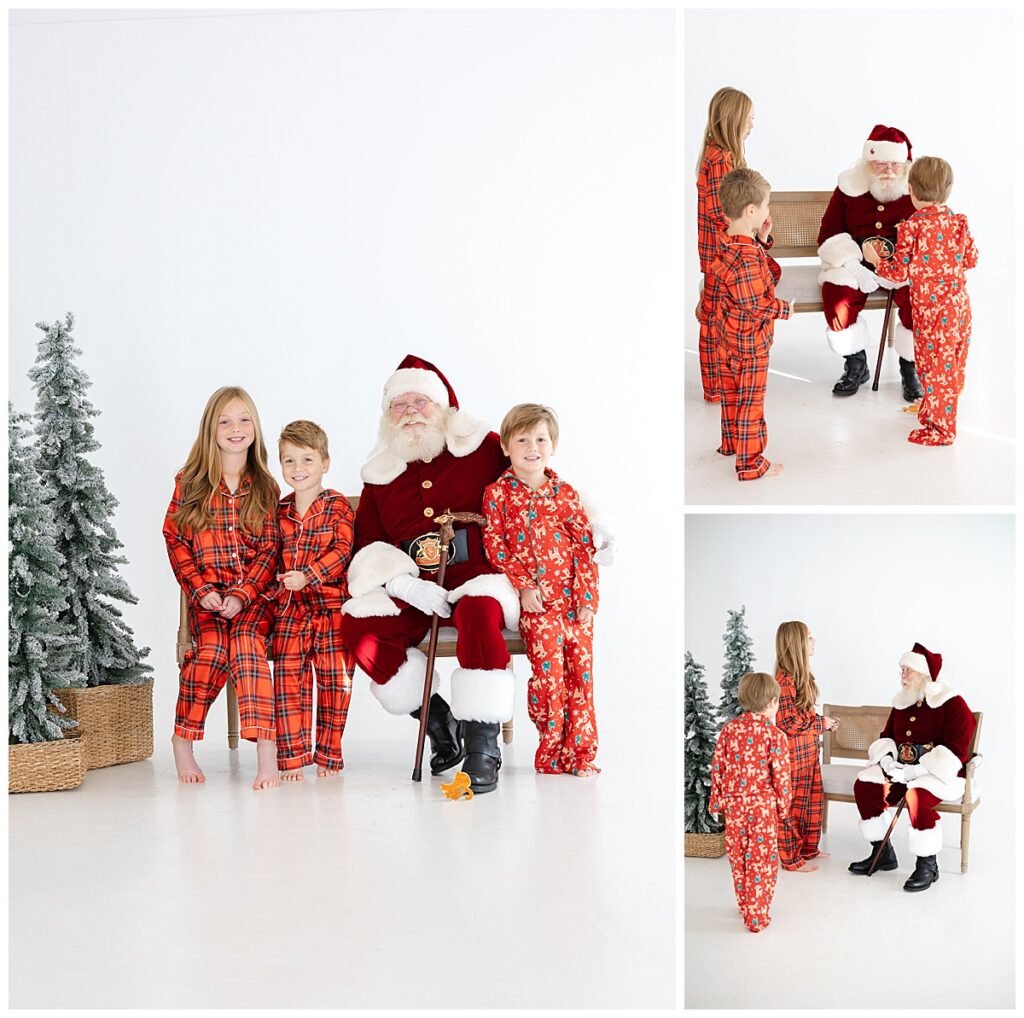 Santa talking with three children in matching Christmas pajamas during their private Tulsa Santa mini Sessions