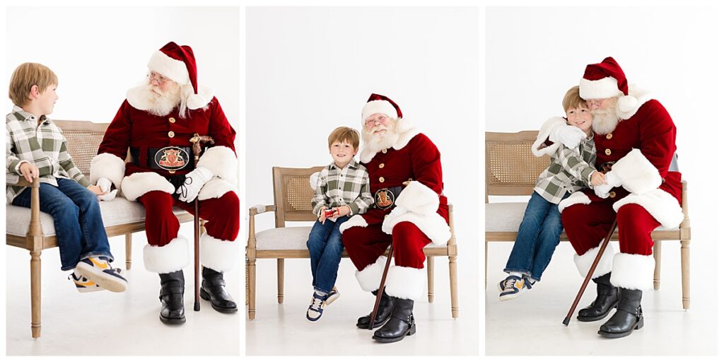 Young boy talking, smiling, and cuddling with Santa during Tulsa Christmas portraits 