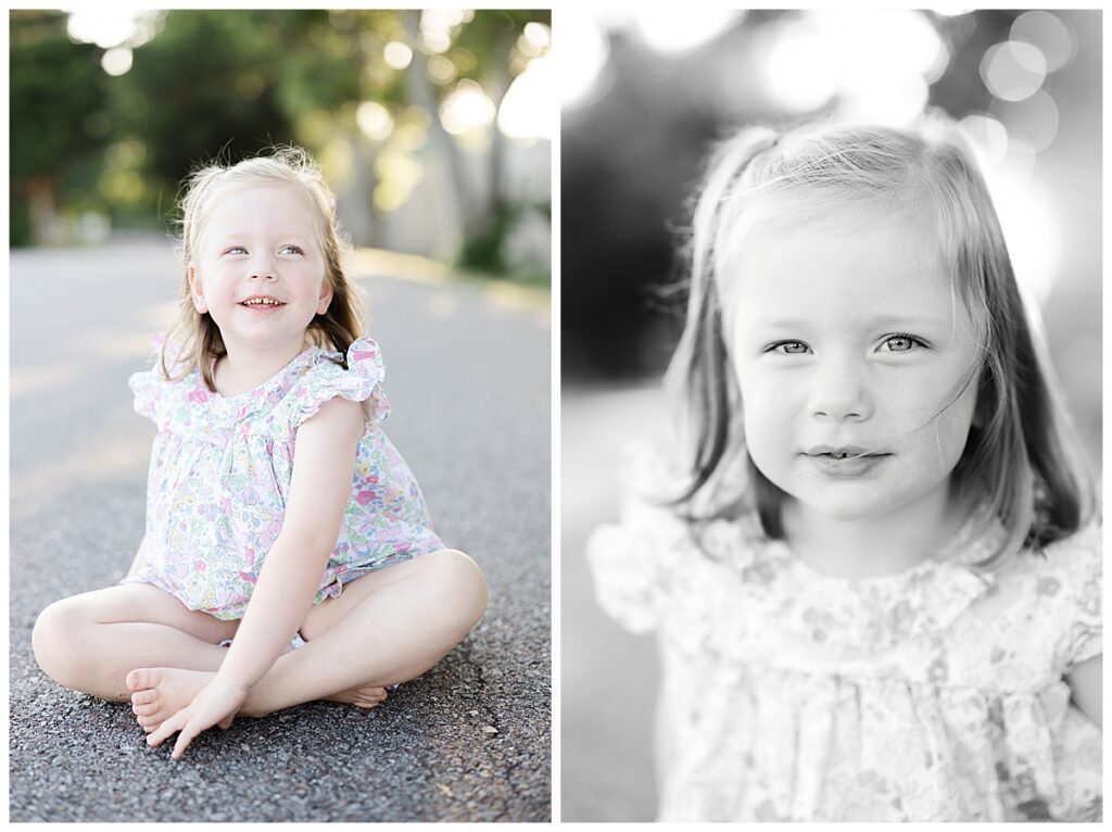 Young girl smiling and playing outside during a relaxed family photography session showing how to get kids to smile for pictures naturally