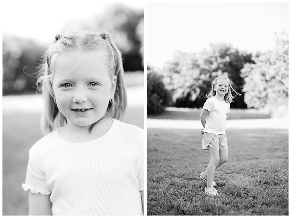 Young girl smiling and playing outside during a relaxed family photography session