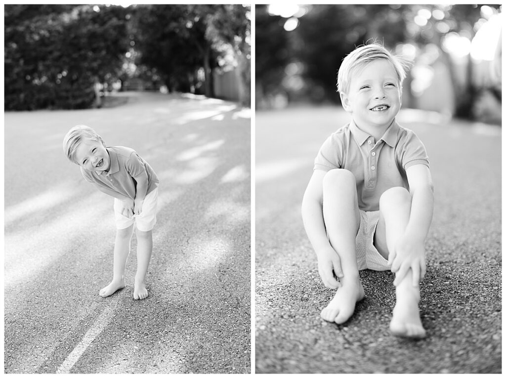 Young boy laughing and smiling naturally during a relaxed outdoor family photo session