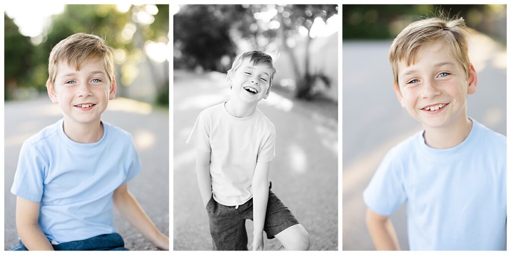 Young boy laughing and smiling naturally during a relaxed outdoor family photo session